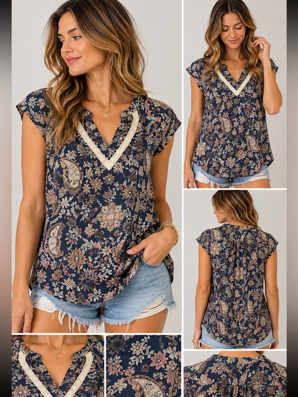 Floral Paisley Lace-Trim V-Neck Top - Navy and Blush. NWT. Size small.